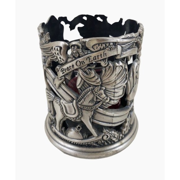 Vintage Peace On Earth Candle Votive Holder Pewter Christmas Holiday Santa - Picture 3 of 10